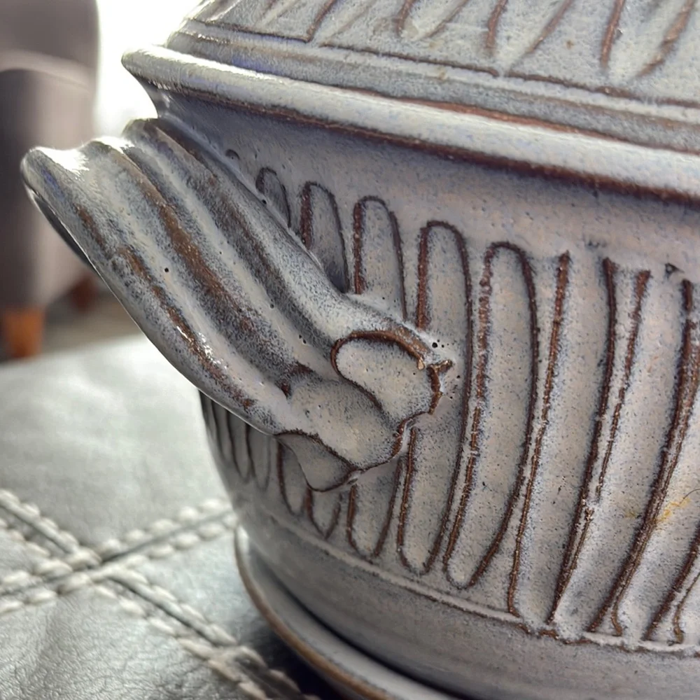 Coburn Blue Gray Handcrafted Pottery Covered Casserole Steamer Bundt Cake Dish